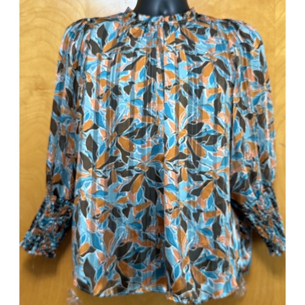 Maison d'Amelie Paris Pleated Satin Blouse Teal Bronze Gold Leaf Print Lined M